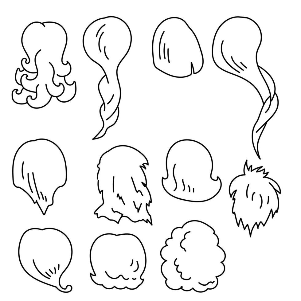 um conjunto de contornos de vários penteados femininos com cabelos lisos, trançados e cacheados vetor