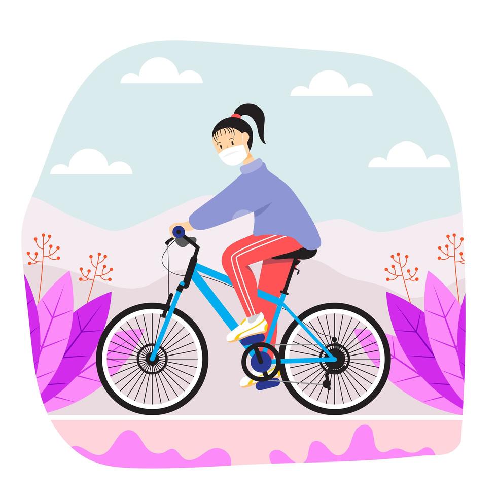 uma menina andando de bicicleta com protocolo de saúde vetor