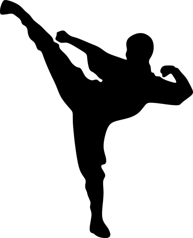 arte da silhueta de um homem demonstrando artes marciais wushu, exercícios de kung fu. ilustração vetorial. ícone de wushu vetor