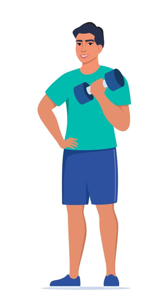 homem vestido com roupas esportivas faz exercícios com halteres. ilustração vetorial. vetor