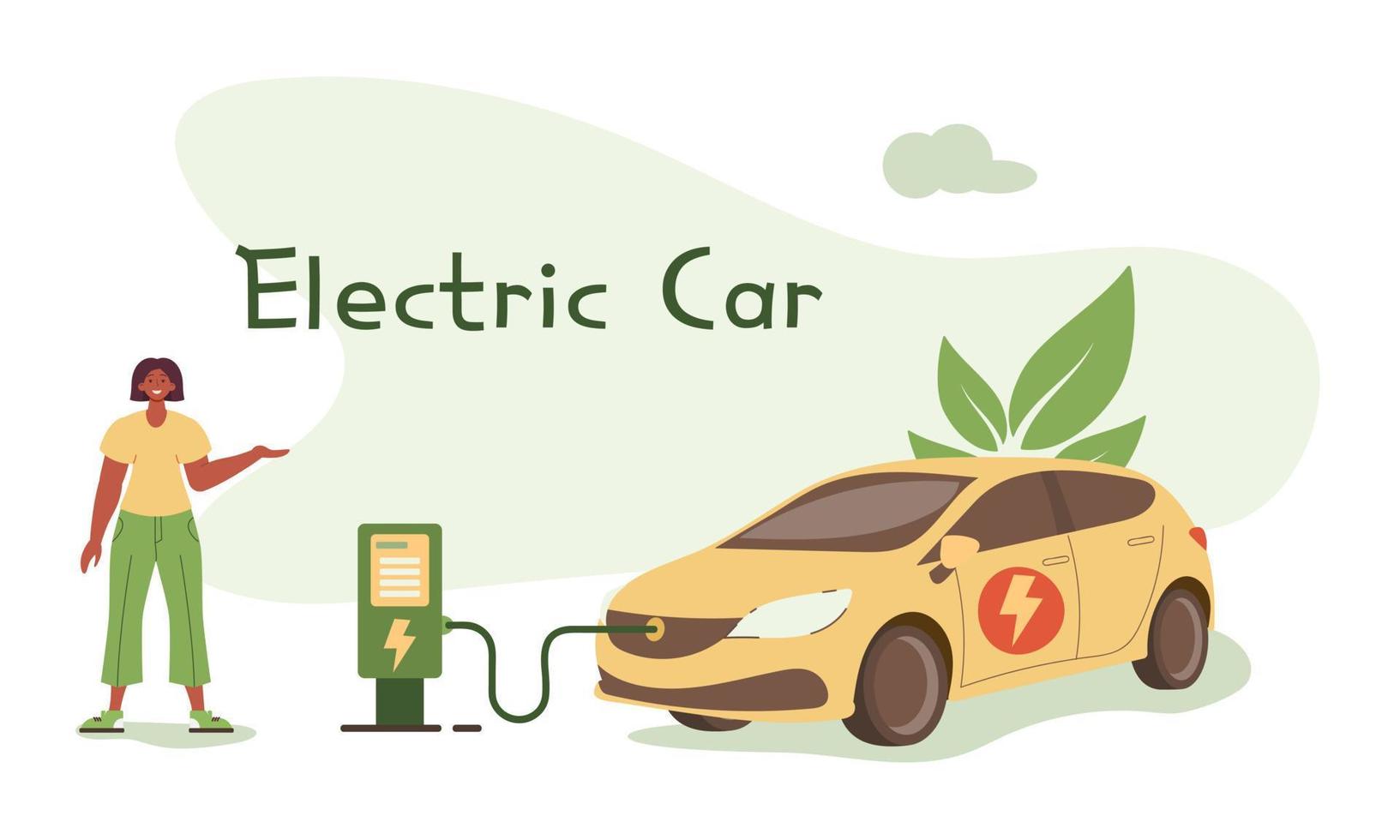 carro elétrico com uma pessoa e uma estação de carregamento. conceito de energia verde. ambiental care.yellow cores verdes. conceito de energia renovável. ilustração vetorial. vetor