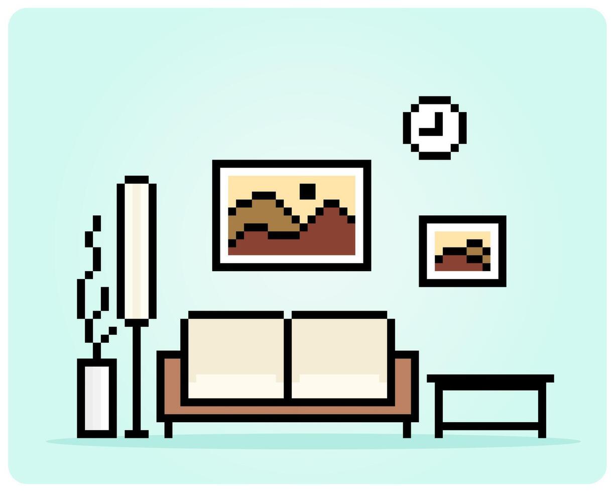 Sala de estar interior de pixel de 8 bits em ilustração vetorial para ativos de jogo. decoração moderna com estilo minimalista vetor