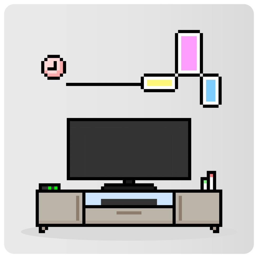 Sala de estar interior de pixel de 8 bits em ilustração vetorial para ativos de jogo. tv plana de decoração moderna na mesa com estilo minimalista vetor