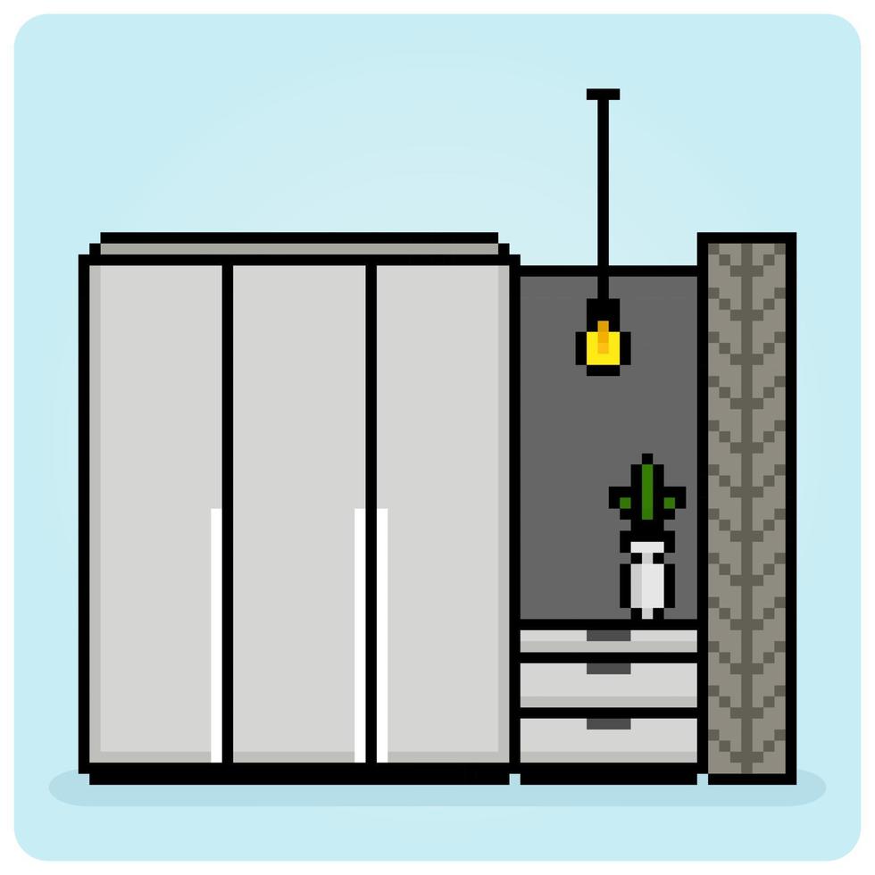 Pixel de 8 bits de guarda-roupa em ilustração vetorial para ativos de jogos. armários modernos em estilo minimalista vetor