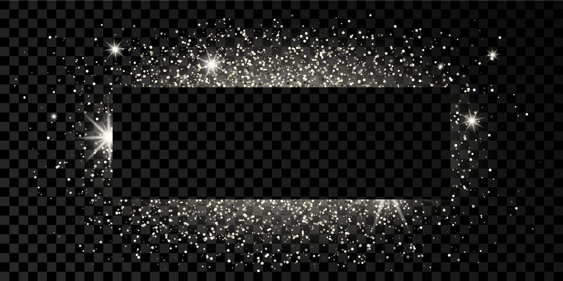 moldura retangular prateada com glitter, brilhos e sinalizadores. cenário de luxo vazio. ilustração vetorial. vetor