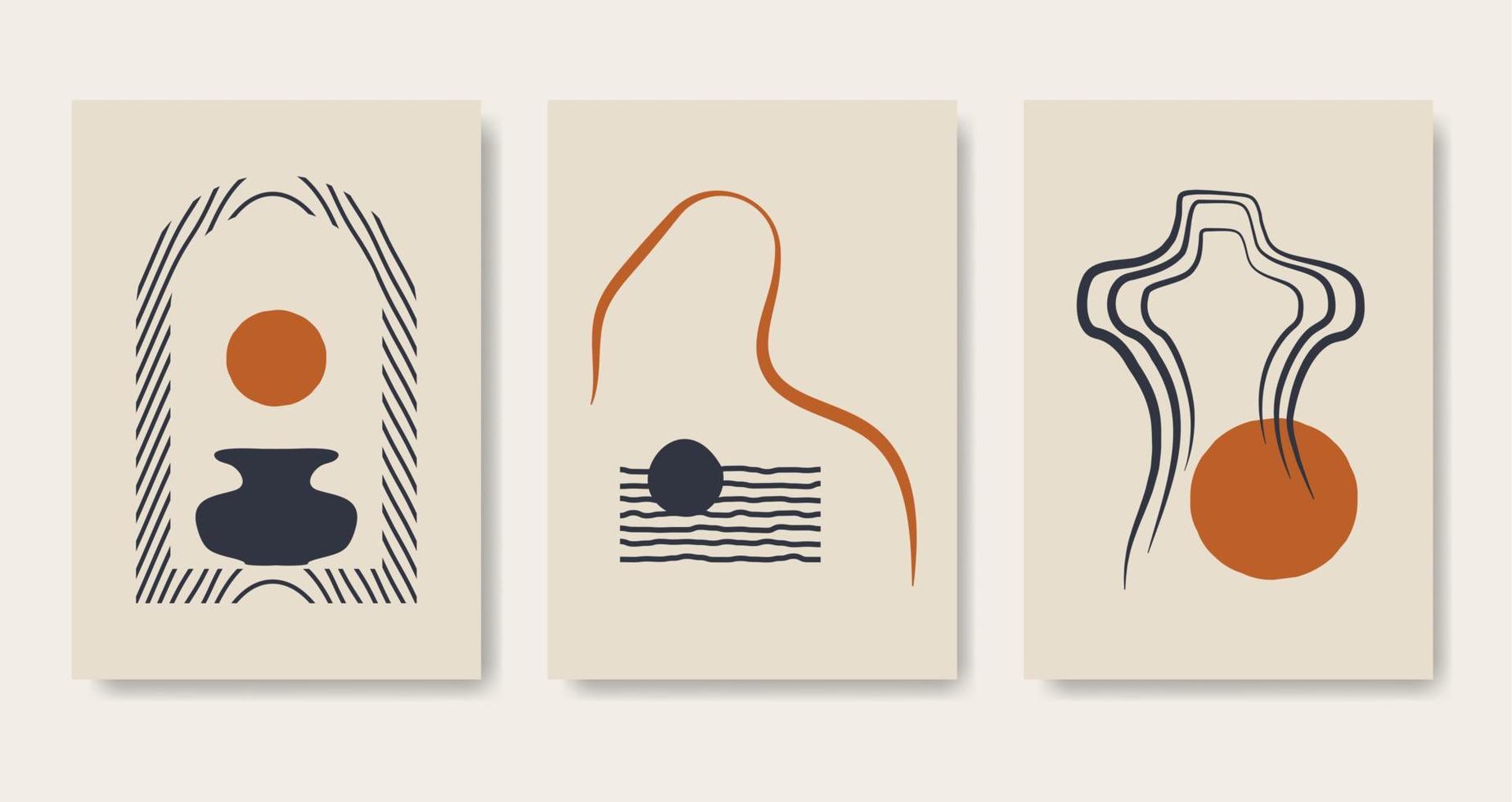 conjunto de cartaz de arte abstrata linear minimalista criativo. ilustrações estéticas modernas. design artístico de estilo boêmio para decoração de parede vetor