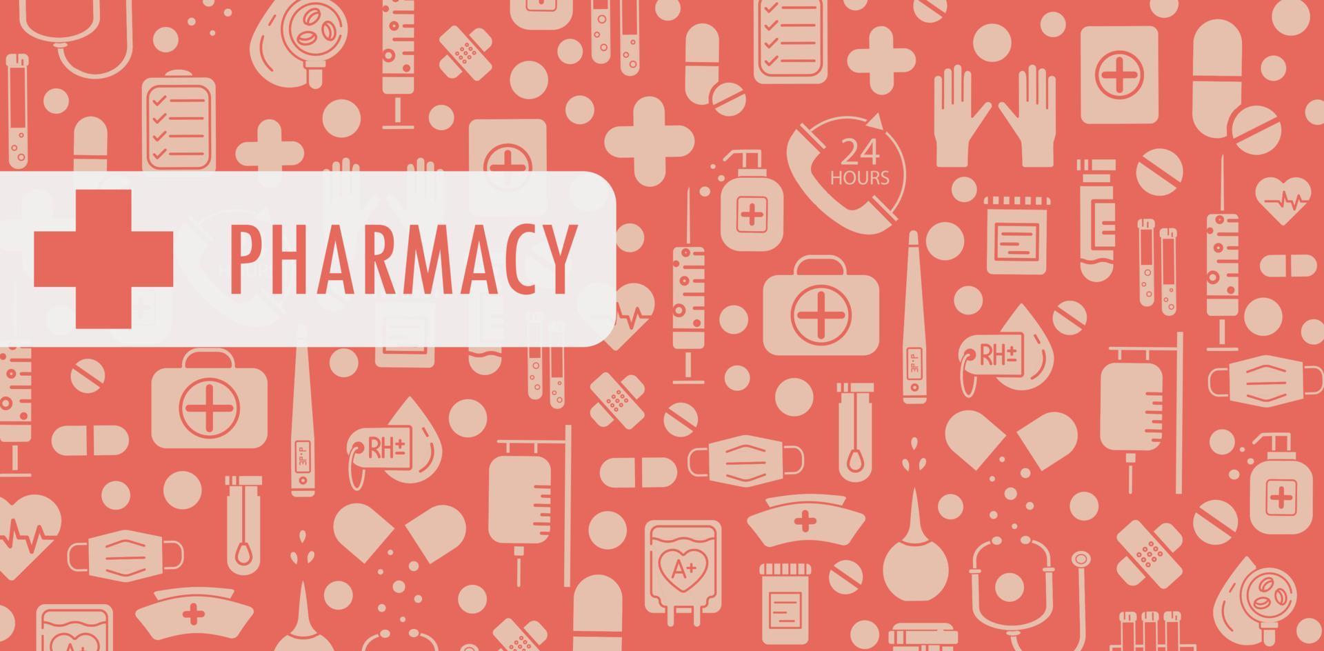 farmácia e banner médico com fundo doodle. pílulas, comprimidos, equipamentos médicos. ilustração vetorial vetor