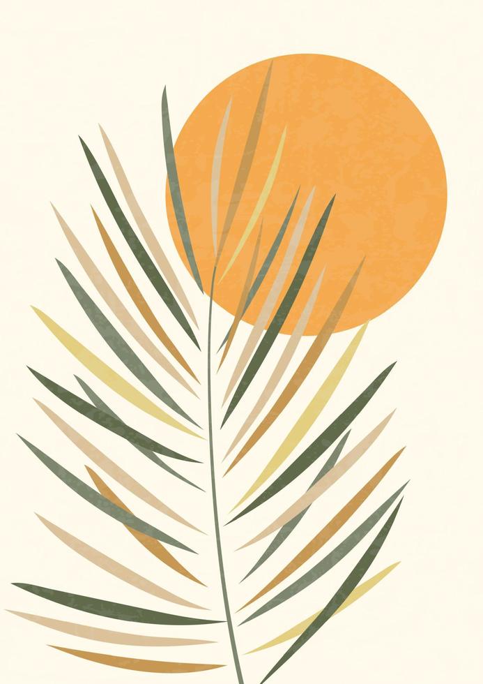 ilustração minimalista com folha de palmeira e sol. decoração de parede de estilo moderno. coleção de cartazes artísticos contemporâneos para impressão, logotipo vetor