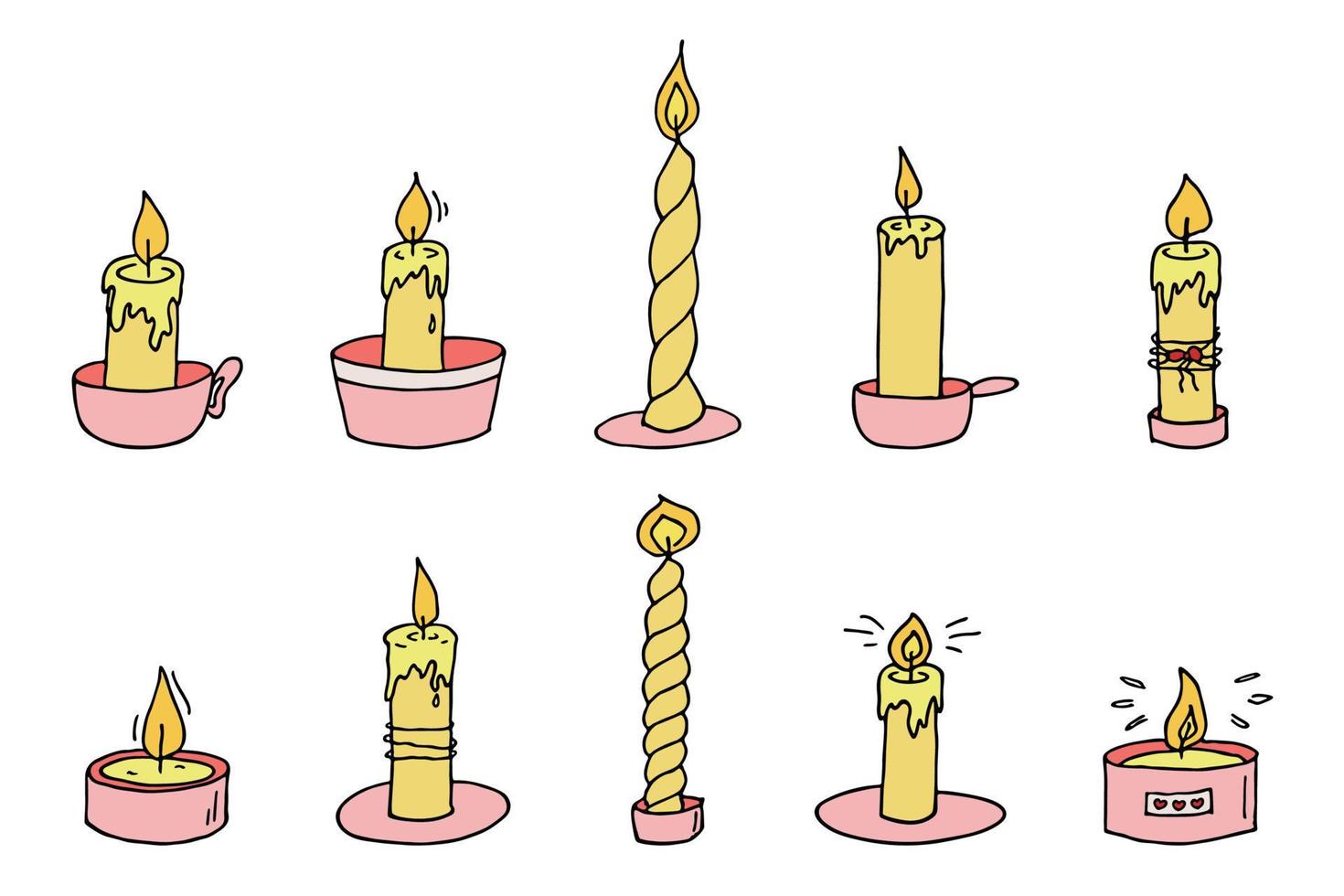 conjunto de velas acesas. ilustração de rabiscos. clipart desenhado à mão para cartão, logotipo, design vetor