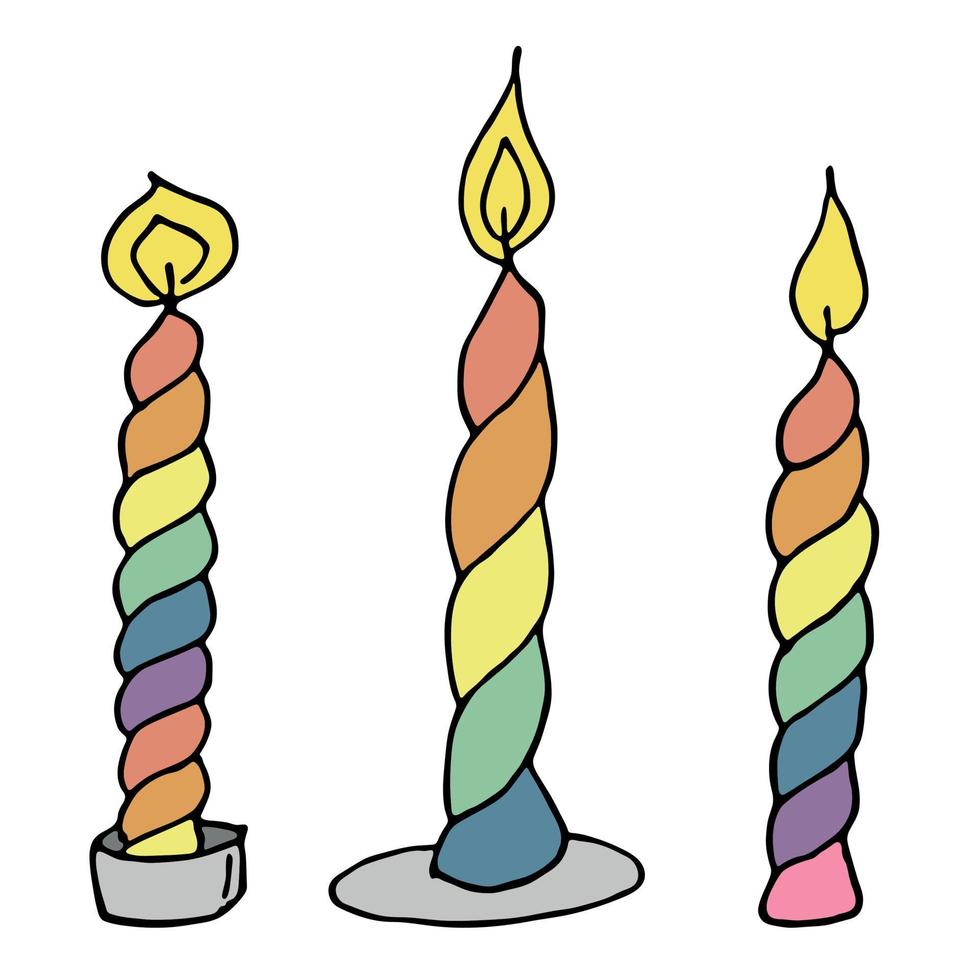 conjunto de velas de aniversário em chamas. ilustração de doodle único. clipart desenhado à mão para cartão, logotipo, design vetor