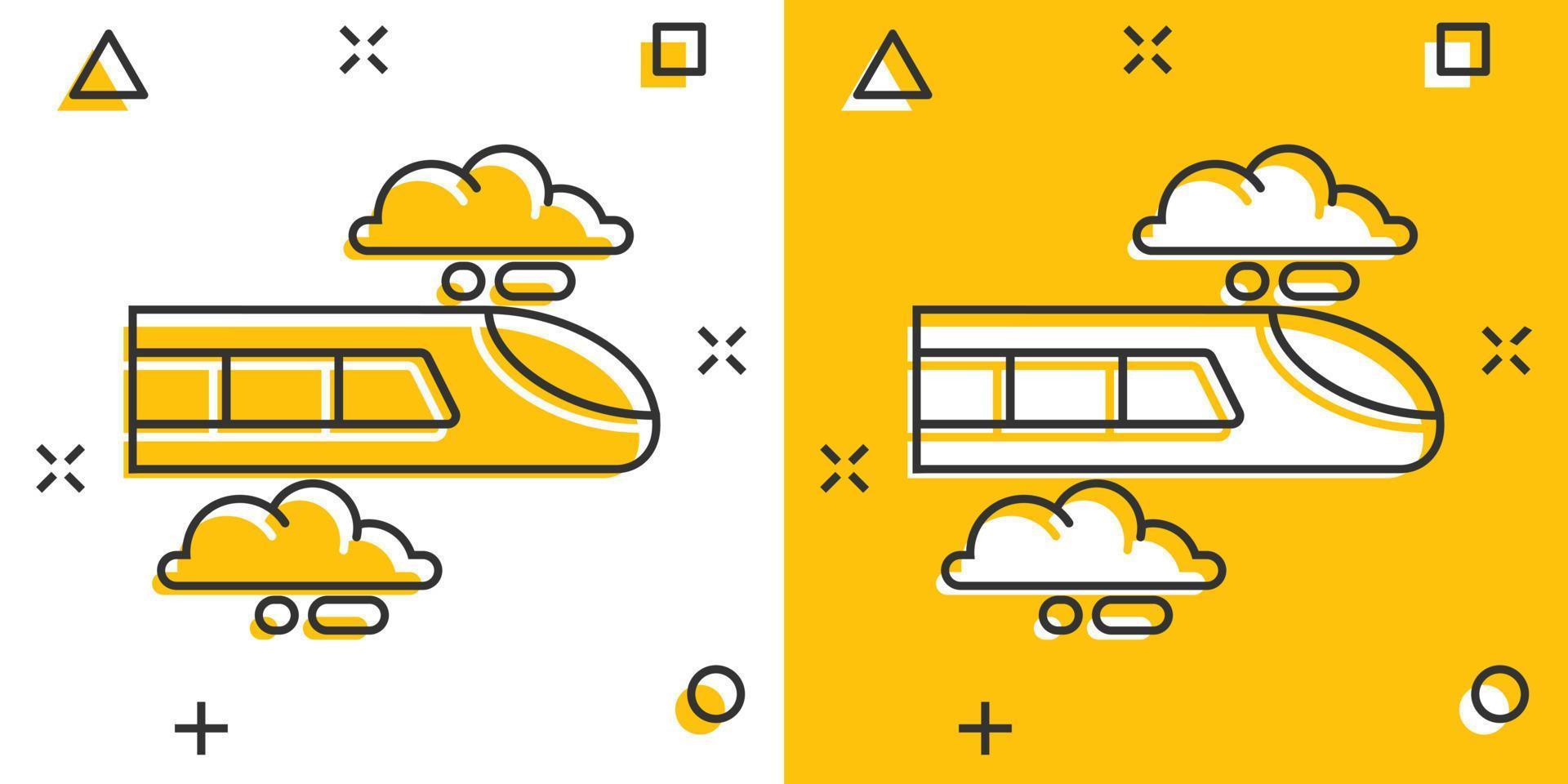 ícone do metrô em estilo cômico. ilustração em vetor trem metrô dos desenhos animados no fundo branco isolado. conceito de negócio de efeito de respingo de carga ferroviária.