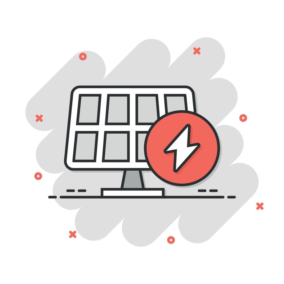 ícone do painel solar em estilo cômico. ilustração em vetor ecologia energia dos desenhos animados no fundo branco isolado. conceito de negócio de sinal de efeito de respingo de eletricista.