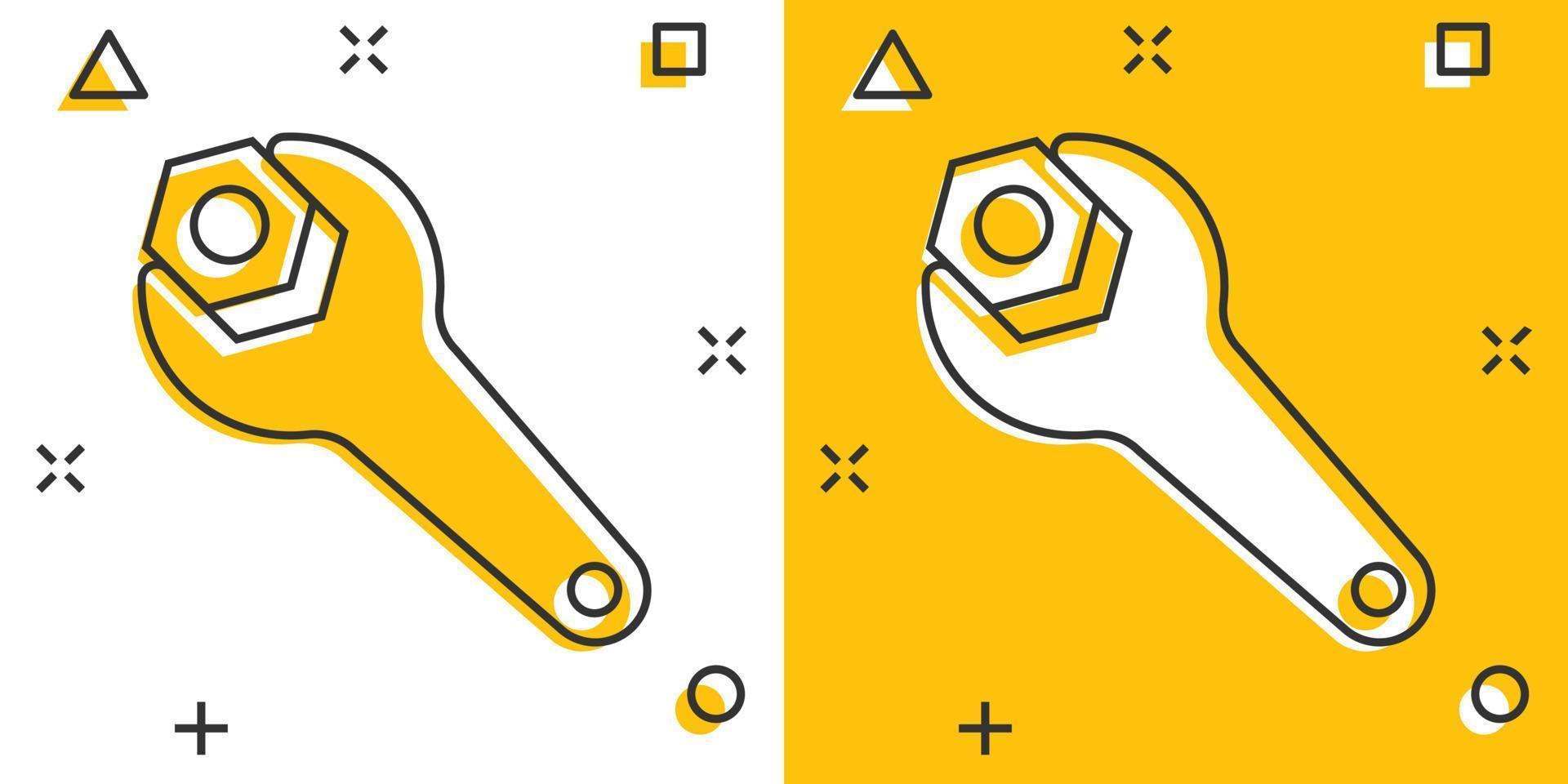 ícone de chave inglesa em estilo cômico. ilustração em vetor chave inglesa dos desenhos animados sobre fundo branco isolado. conceito de negócio de efeito de respingo de equipamento de reparo.