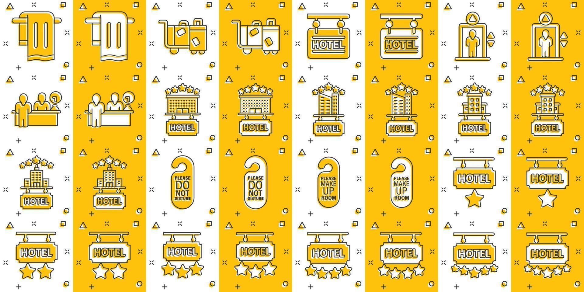 ícone do hotel definido em estilo cômico. reserva ilustração vetorial dos desenhos animados no fundo branco isolado. conceito de negócio de efeito de respingo de reserva de férias. vetor