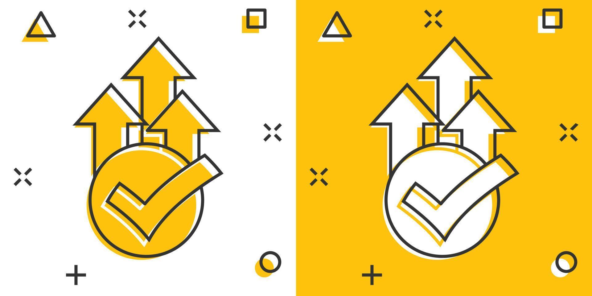 ícone de verificação de seta de crescimento em estilo cômico. ilustração em vetor desenhos animados de aprovação de receita em fundo branco isolado. aumentar o conceito de negócio de efeito splash ok.