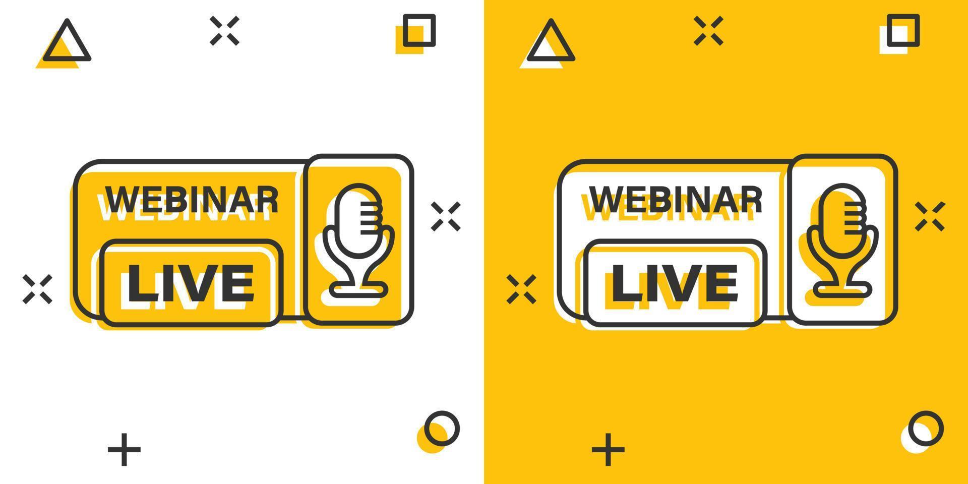 ícone de webinar ao vivo em estilo cômico. ilustração em vetor treinamento on-line dos desenhos animados no fundo isolado. conceito de negócio de sinal de efeito de respingo de fluxo de conferência.