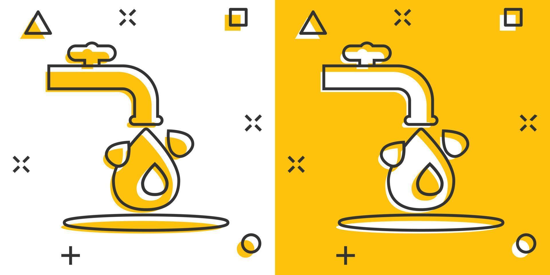 ícone da torneira de água em estilo cômico. ilustração em vetor gota dos desenhos animados no fundo branco isolado. torneira caindo conceito de negócio de sinal de efeito de respingo.