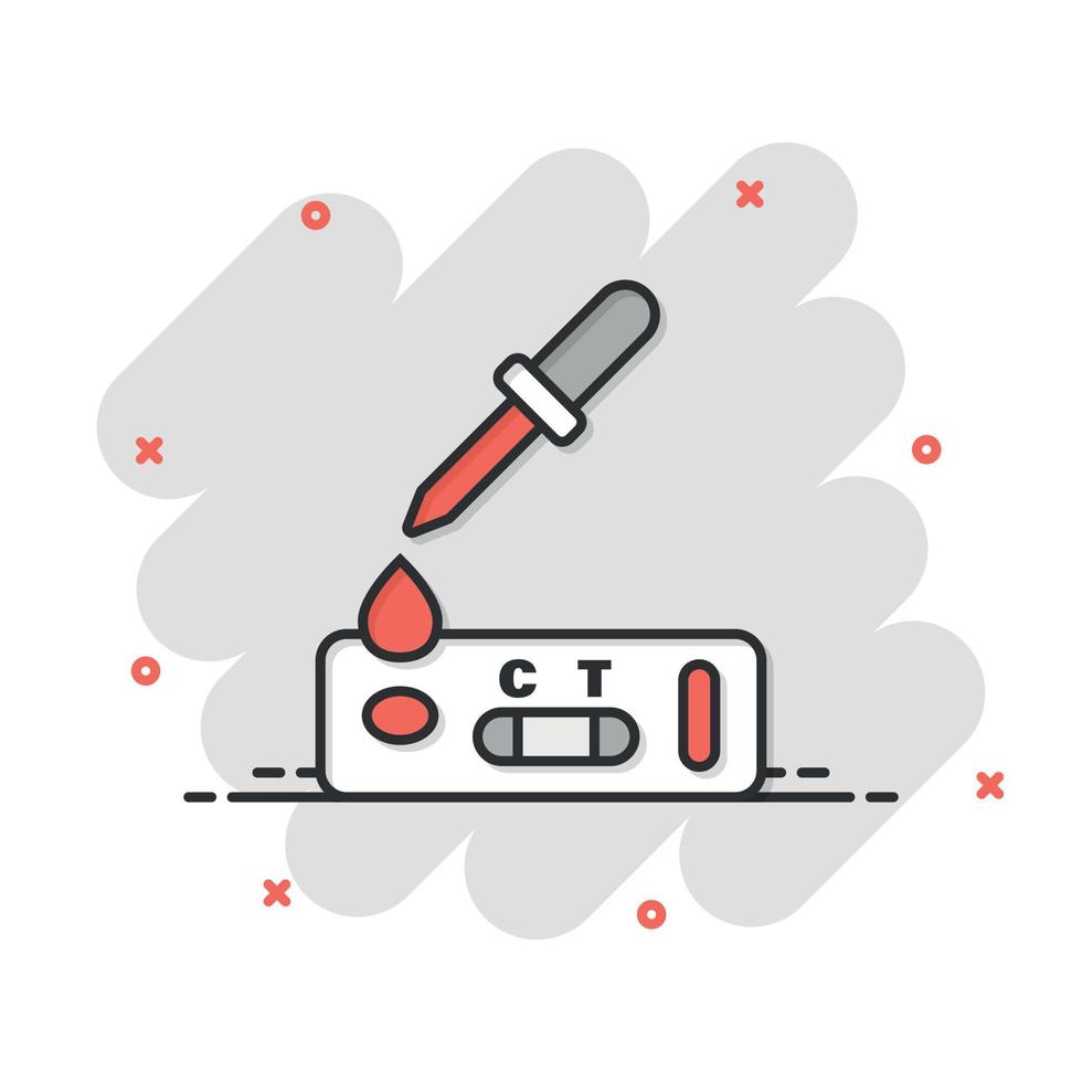 ícone de teste de coronavírus em estilo cômico. ilustração em vetor de desenho animado covid-19 em fundo isolado. conceito de negócio de sinal de efeito de respingo de diagnóstico médico.