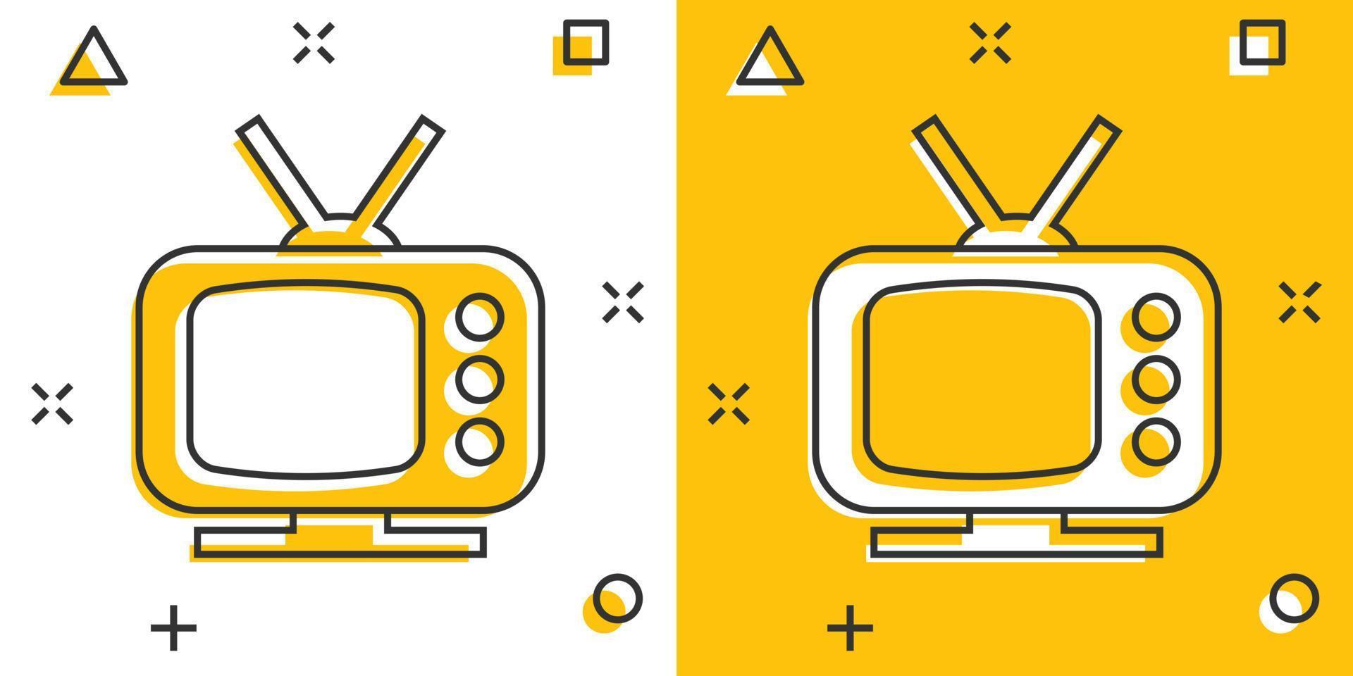 ícone da tv em estilo cômico. ilustração em vetor sinal de desenho animado de televisão em fundo branco isolado. conceito de negócio de efeito de respingo de canal de vídeo.