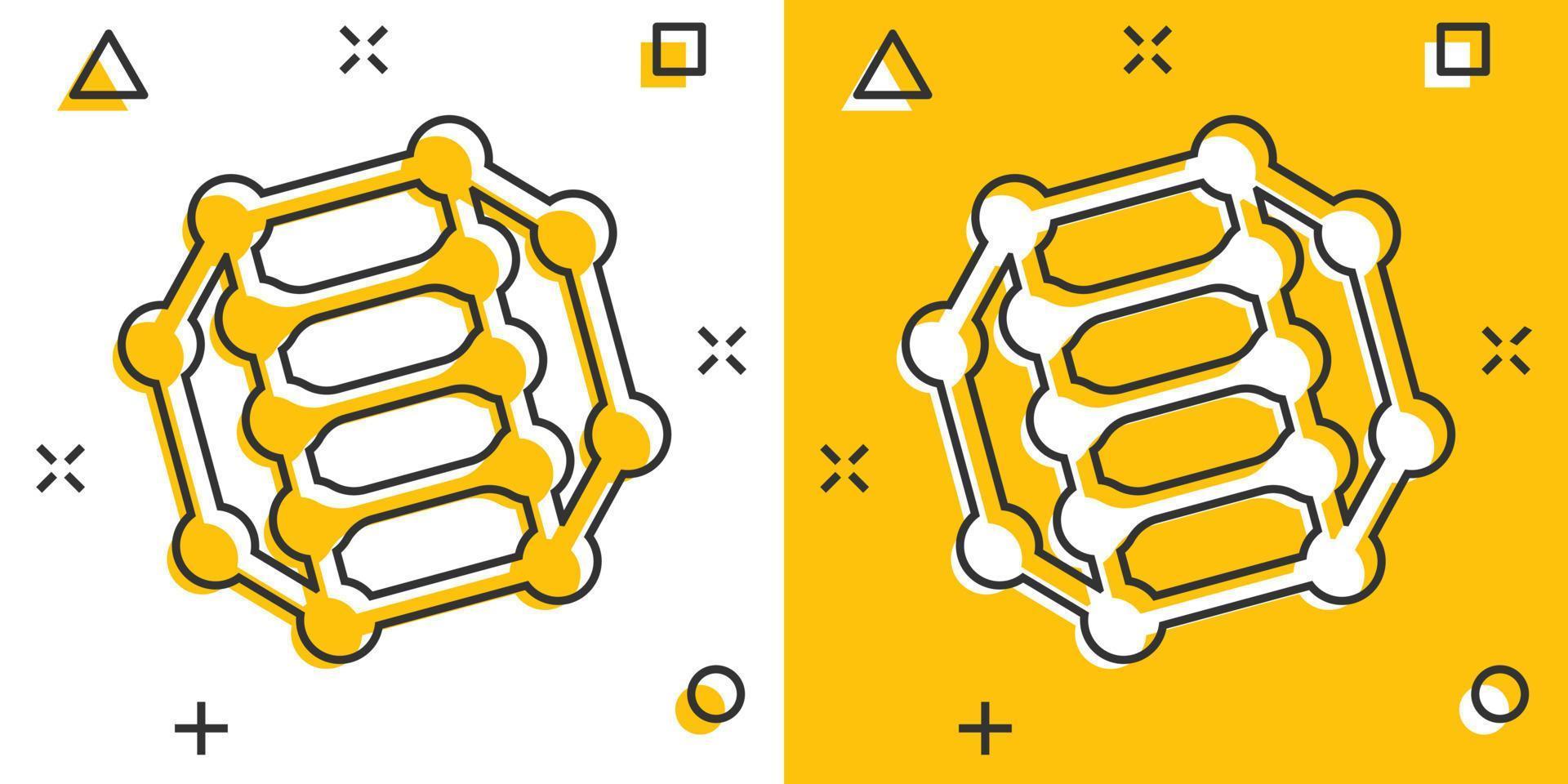 ícone da molécula de DNA em estilo cômico. ilustração em vetor átomo dos desenhos animados no fundo branco isolado. conceito de negócio de sinal de efeito de respingo espiral molecular.