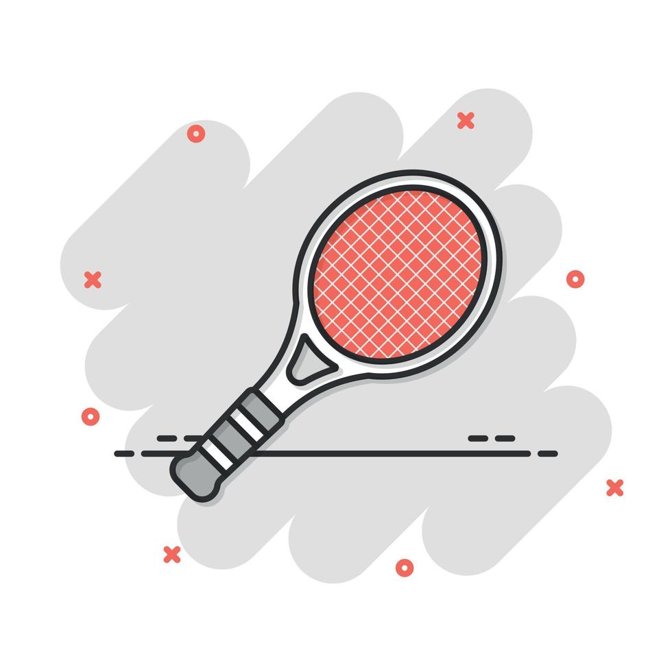 ícone de raquete de tênis em estilo cômico. ilustração em vetor desenhos animados de raquete de jogos em fundo isolado. conceito do negócio do sinal do efeito do respingo da atividade do esporte.