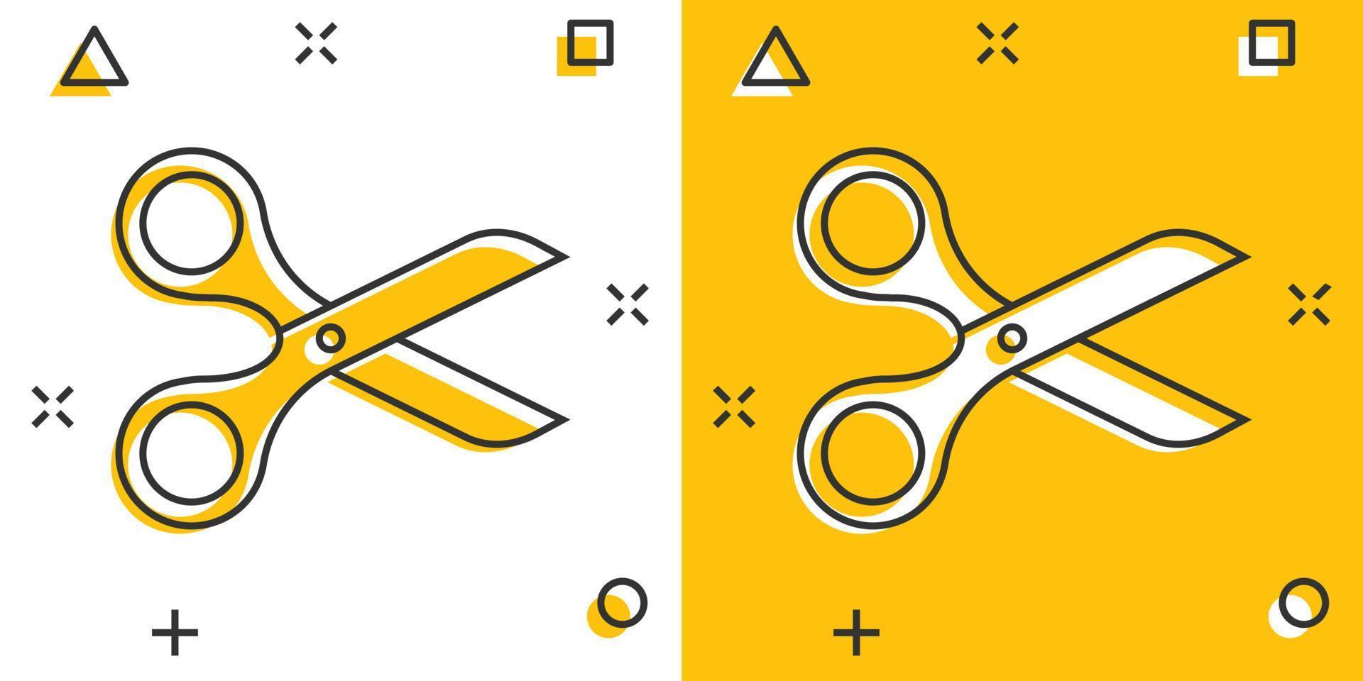 ícone de tesoura em estilo cômico. corte a ilustração em vetor desenho animado equipamento no fundo branco isolado. conceito de negócio de efeito de respingo de cortador.