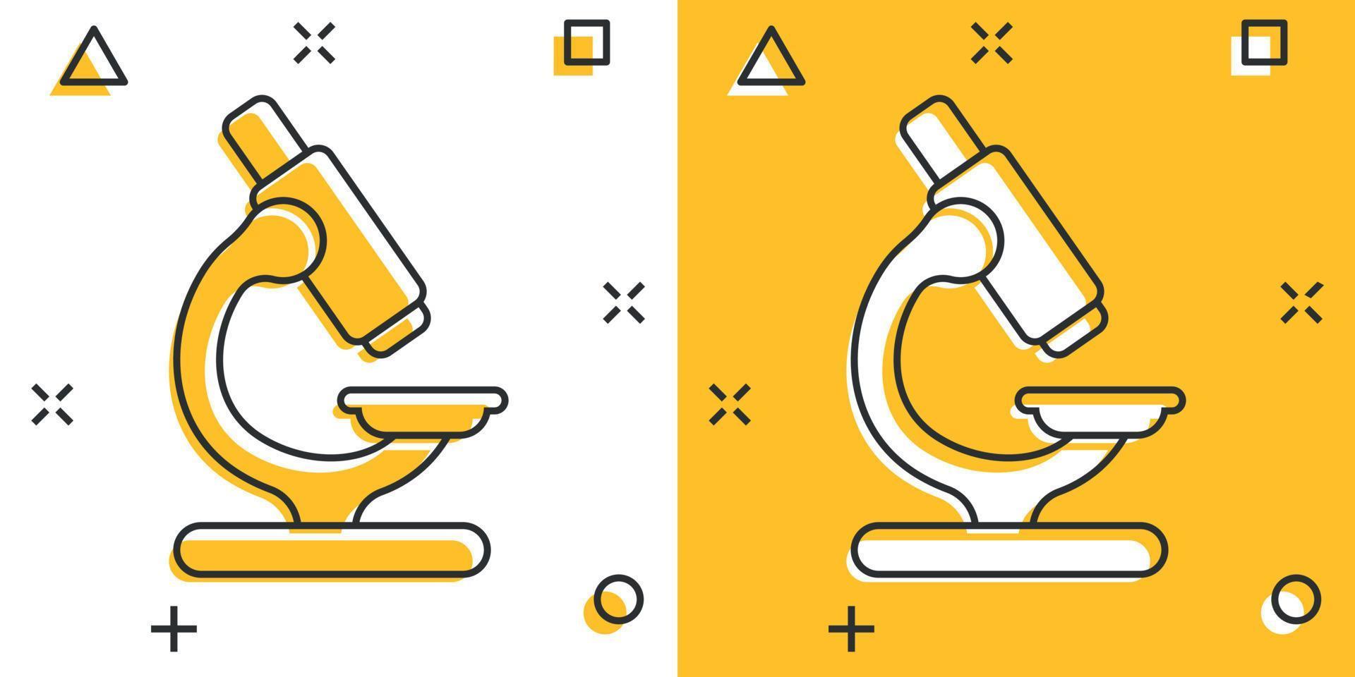 ícone de microscópio em estilo cômico. lupa de laboratório ilustração vetorial dos desenhos animados no fundo isolado. conceito do negócio do sinal do efeito do respingo do instrumento da biologia. vetor