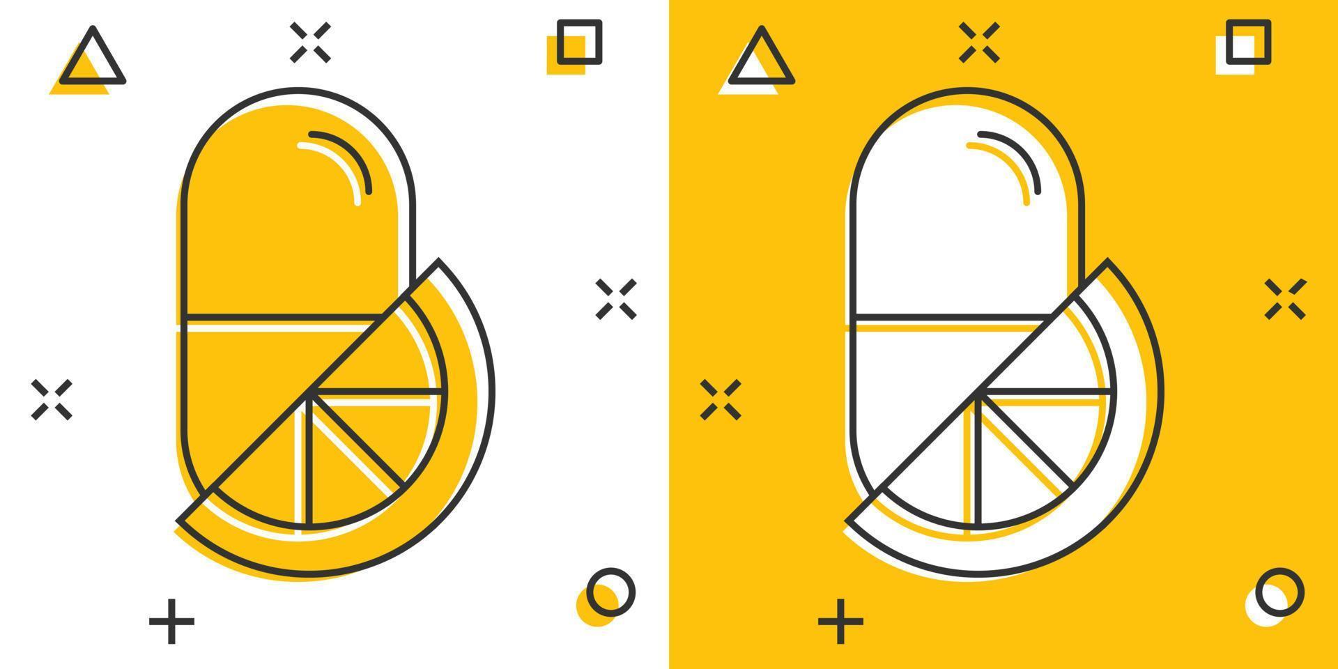 ícone de nota de pílula de vitamina em estilo cômico. ilustração em vetor cápsula dos desenhos animados no fundo branco isolado. conceito de negócio de sinal de efeito de respingo antibiótico.