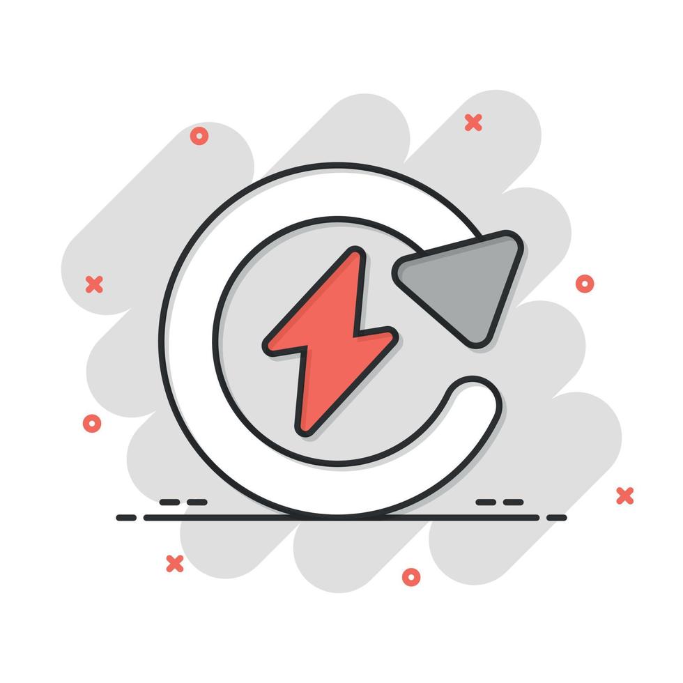 ícone de recarga de energia em estilo cômico. ilustração em vetor tensão e seta dos desenhos animados no fundo branco isolado. conceito de negócio de sinal de efeito de respingo elétrico.