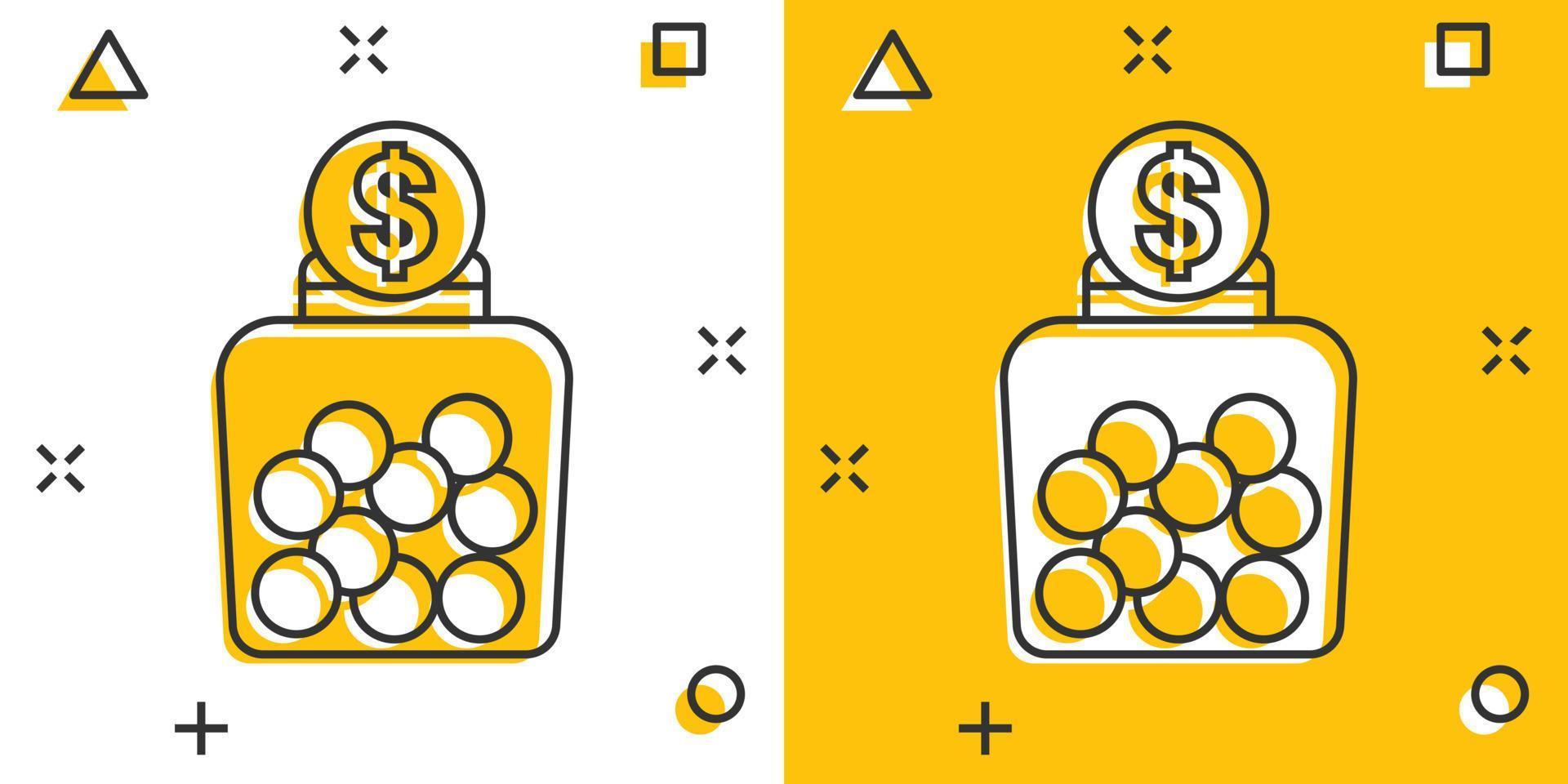 ícone da caixa de dinheiro em estilo cômico. moeda jar recipiente cartoon ilustração vetorial no fundo branco isolado. conceito de negócio de efeito de respingo de moneybox de doação. vetor