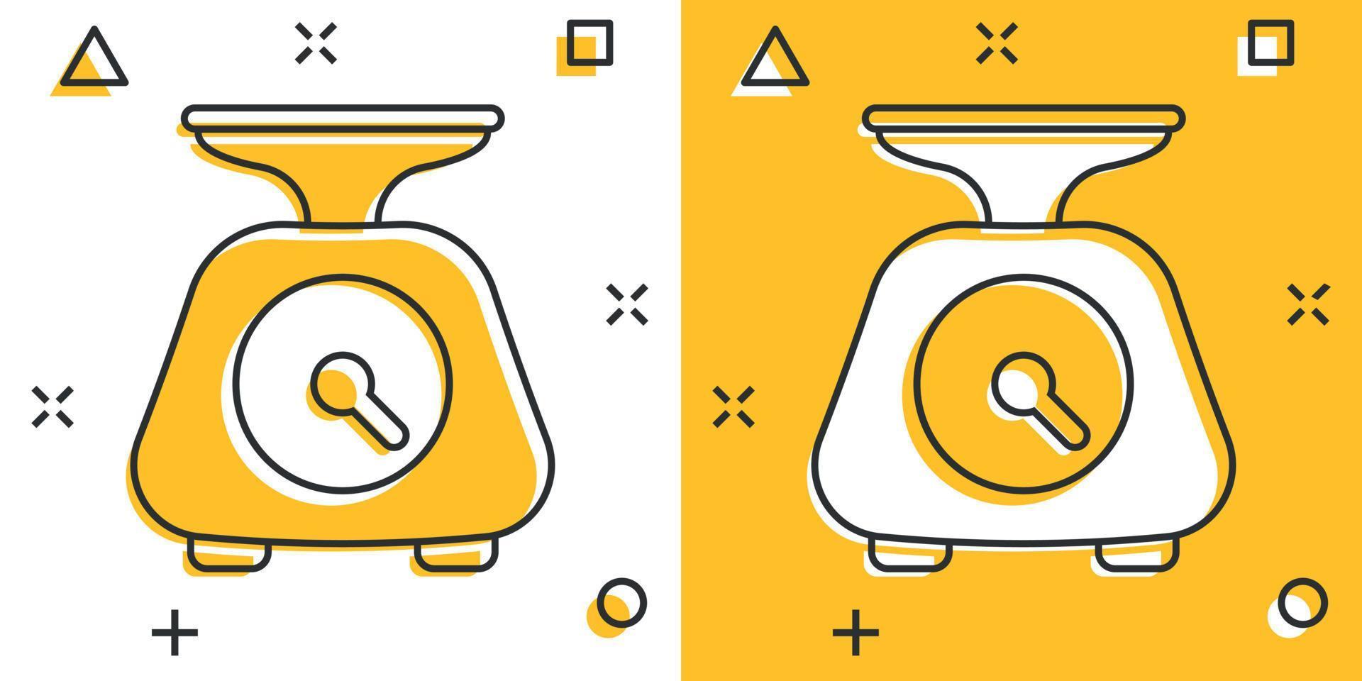 ícone de escala de peso em estilo cômico. ilustração em vetor dos desenhos animados medição em massa no fundo isolado. conceito de negócio de sinal de efeito de respingo com excesso de peso.