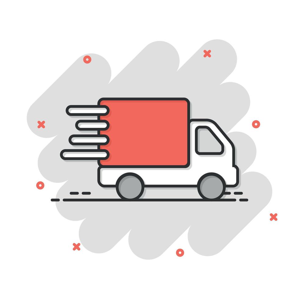 ícone rápido de envio em estilo cômico. ilustração em vetor desenhos animados de caminhão de entrega em fundo isolado. conceito de negócio de sinal de efeito de respingo logístico expresso.