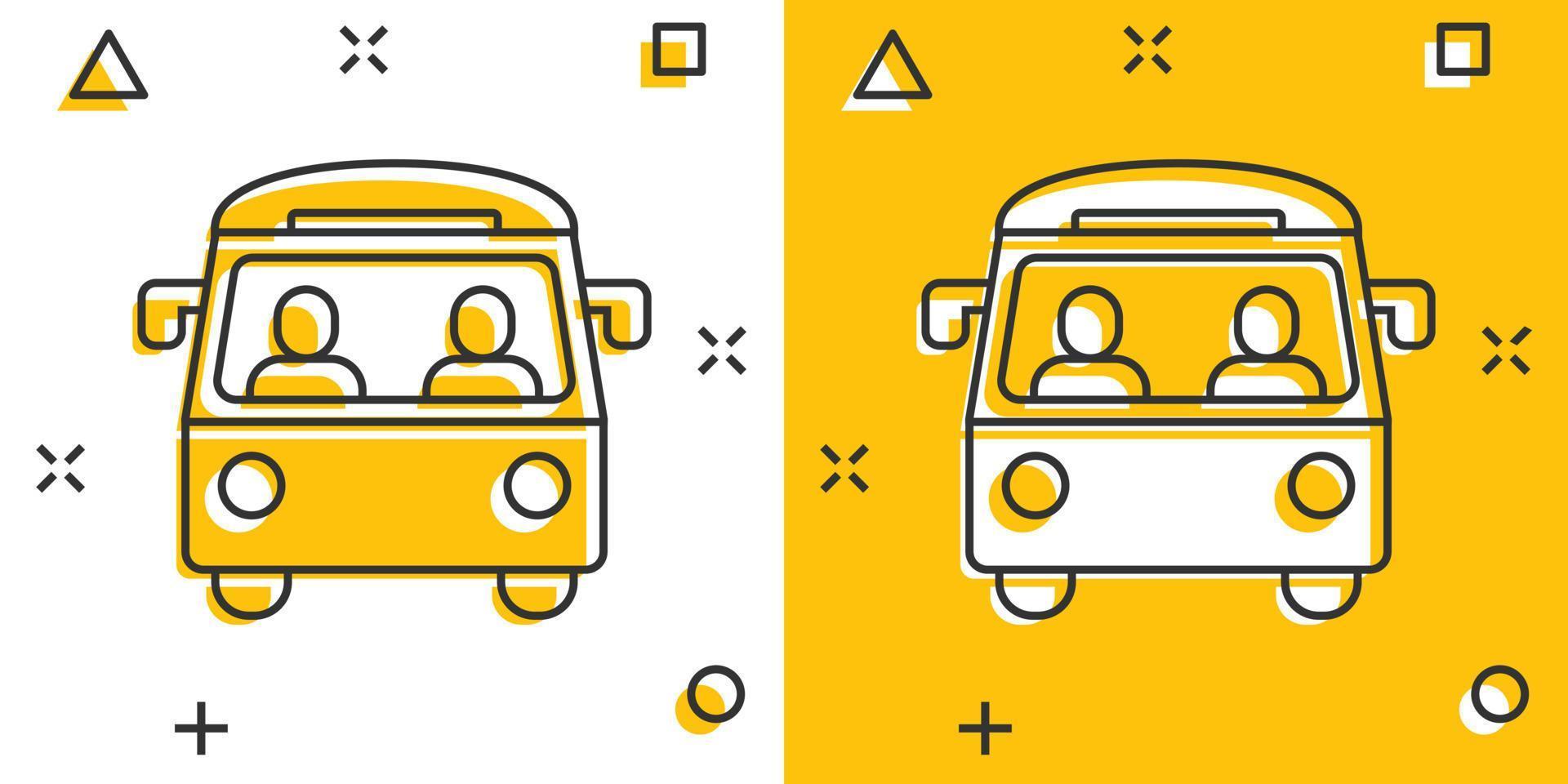 ícone de ônibus em estilo cômico. ilustração em vetor treinador dos desenhos animados no fundo branco isolado. conceito de negócio de efeito de respingo de veículo autobus.