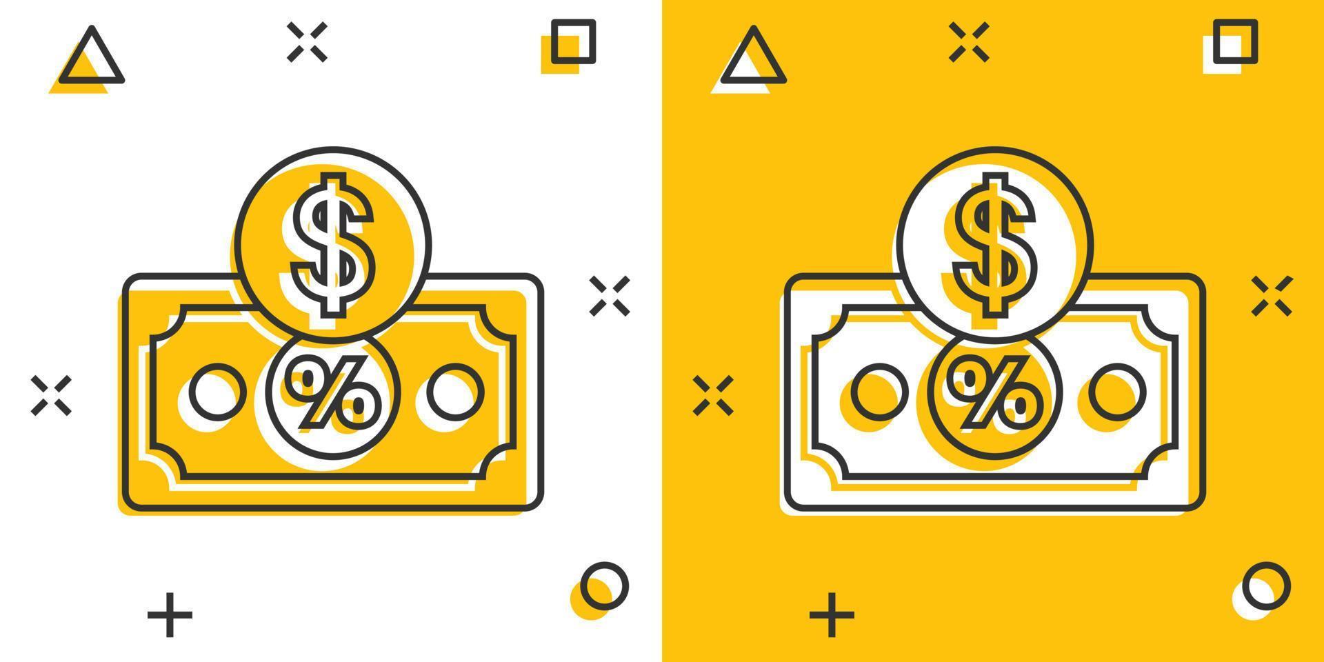 ícone de notas de moeda de dólar em estilo cômico. dólar em dinheiro desconto ilustração vetorial dos desenhos animados no fundo branco isolado. nota de banco com conceito de negócio de efeito splash de porcentagem. vetor