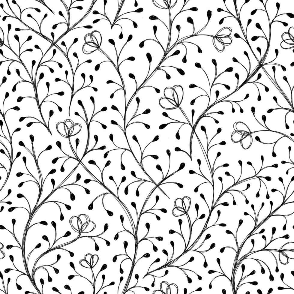 padrão monocromático de tinta preto e branco com plantas vetor
