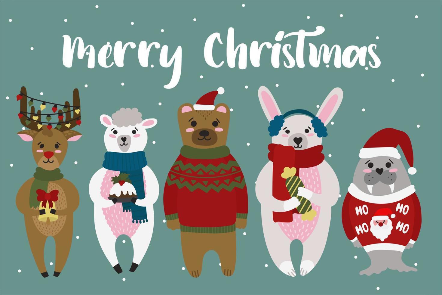 cartão de natal com animais fofos. use essas fofuras para criar seus próprios cartões postais vetor