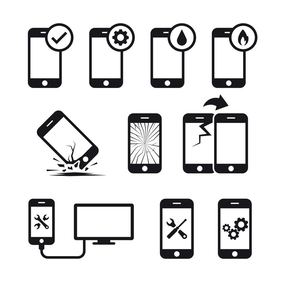 conjunto de ícones de telefone móvel ou inteligente de reparo, serviço e manutenção. preto em um fundo branco vetor