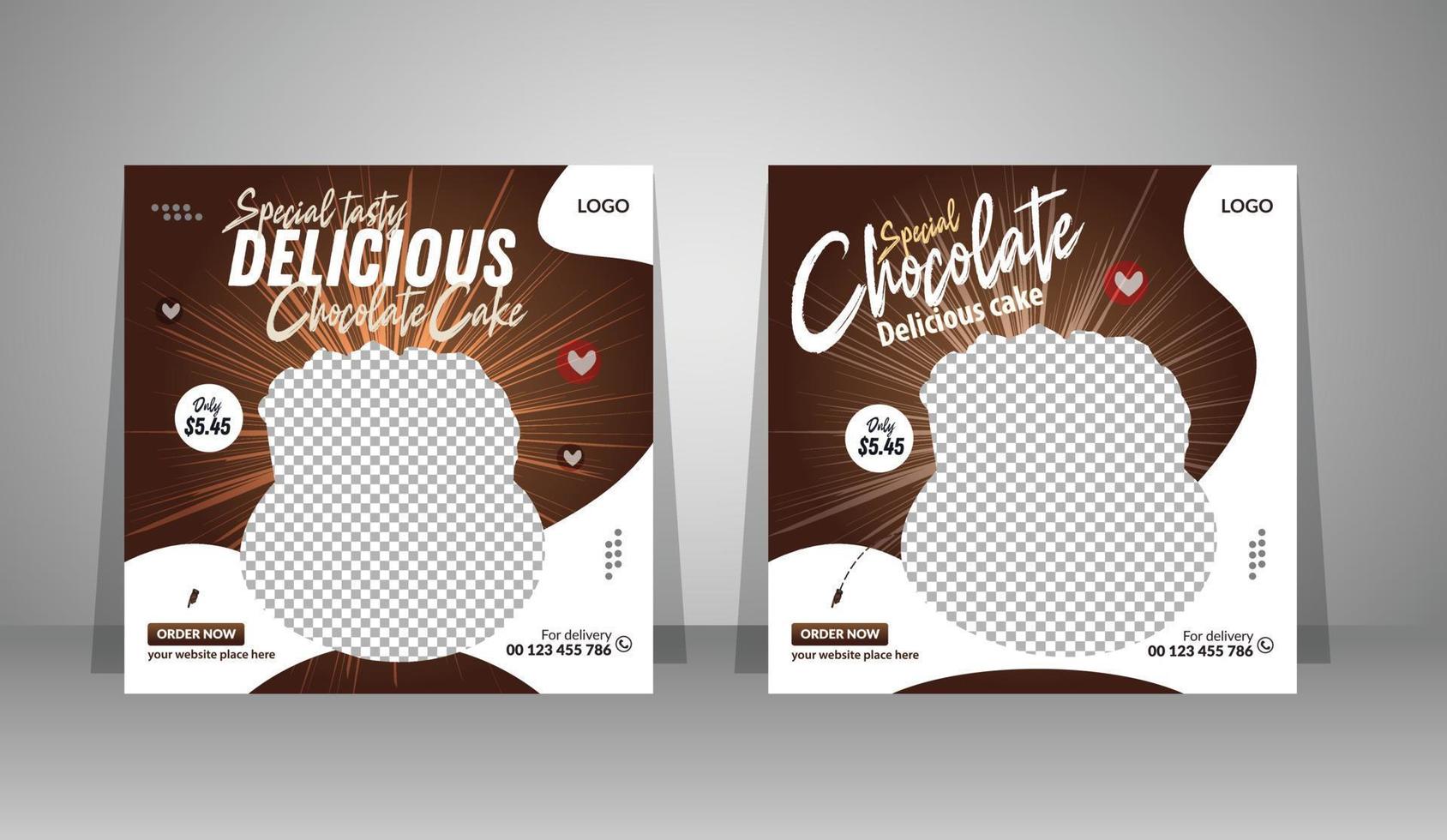 postagem de banner de bolo de chocolate delicioso de mídia social vetor