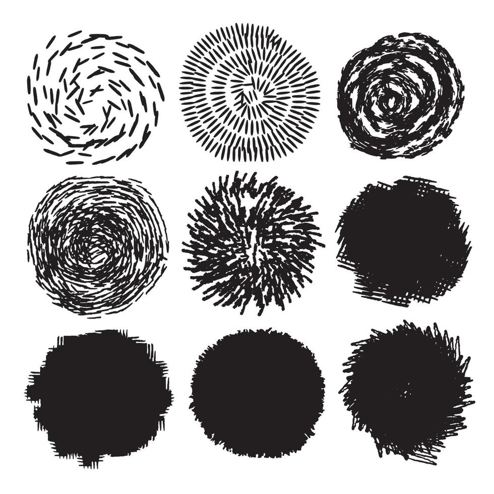 coleção de vetores de pinceladas de tinta preta splatter linhas de pincel textura fina elementos de design de arte padrões em espiral ilustração vetorial isolada no fundo branco