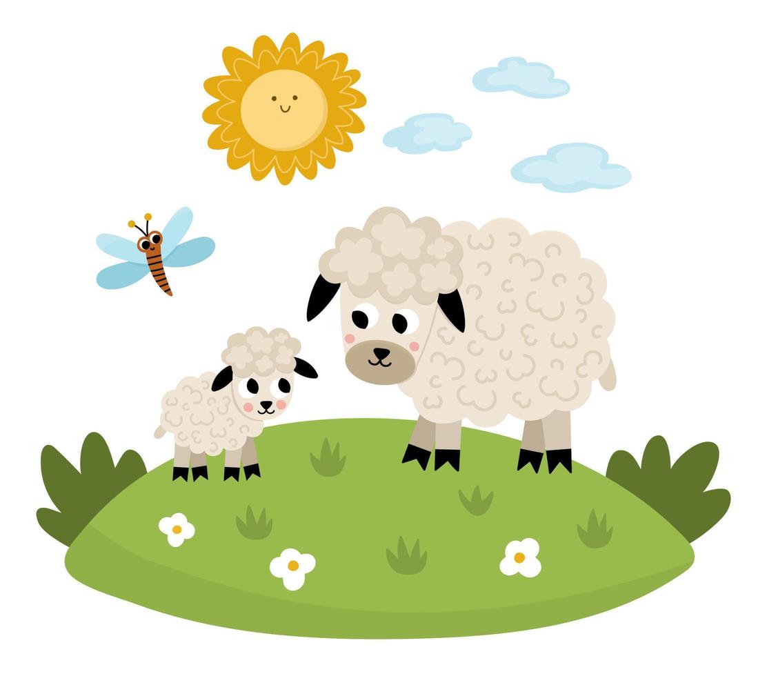 vector ovelha com bebê em um gramado sob o sol. ilustração de cena familiar bonito dos desenhos animados para crianças. animais de fazenda em fundo natural. foto plana colorida de mãe e bebê para crianças