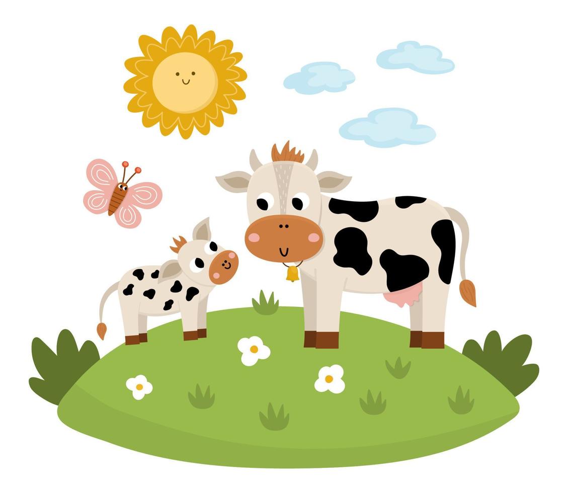 vaca vetorial com bebê em um gramado sob o sol. ilustração de cena familiar bonito dos desenhos animados para crianças. animais de fazenda em fundo natural. foto plana colorida de mãe e bebê para crianças vetor