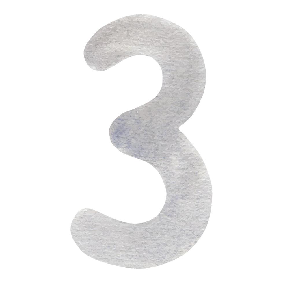 o número é três. aquarela dígito 3 cinza. a ilustração é desenhada à mão, isolada em um fundo branco. vetor