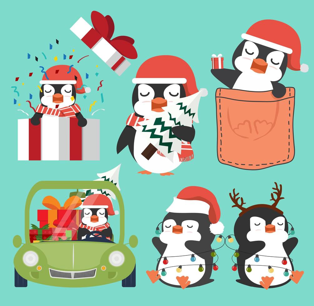 conjunto de pinguins fofos desenhos animados de natal vetor