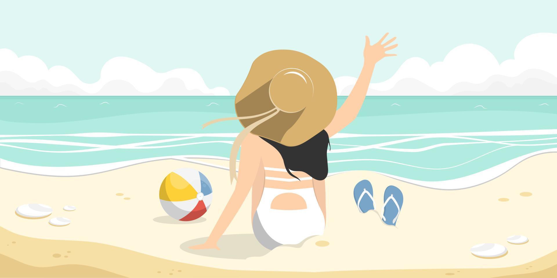 cena dos desenhos animados de praia, mulher sentada na praia de areia com bola de praia e sandálias, ilustração vetorial. vetor