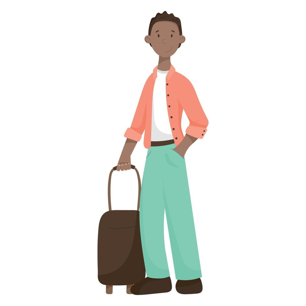 ilustração vetorial isolada do viajante masculino afro-americano dos desenhos animados com mala. vetor