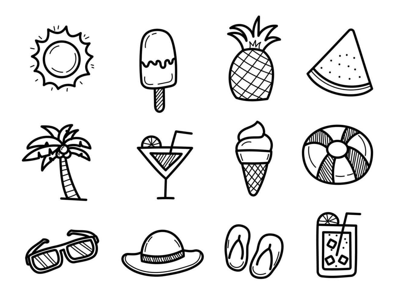conjunto de ícones de doodle de verão com desenhos bonitos isolados no fundo branco vetor