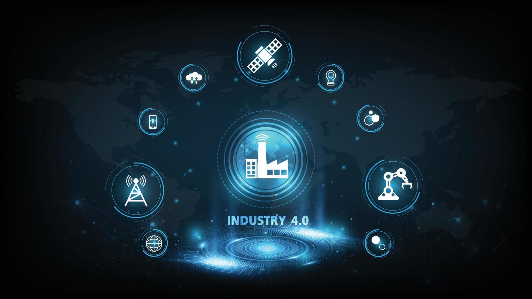 revolução industrial 4.0. holograma de ficção científica e números 3D com ícones conceituais. robótica de inteligência de conceito da indústria 4.0, ilustrador vetorial de sistemas físicos vetor