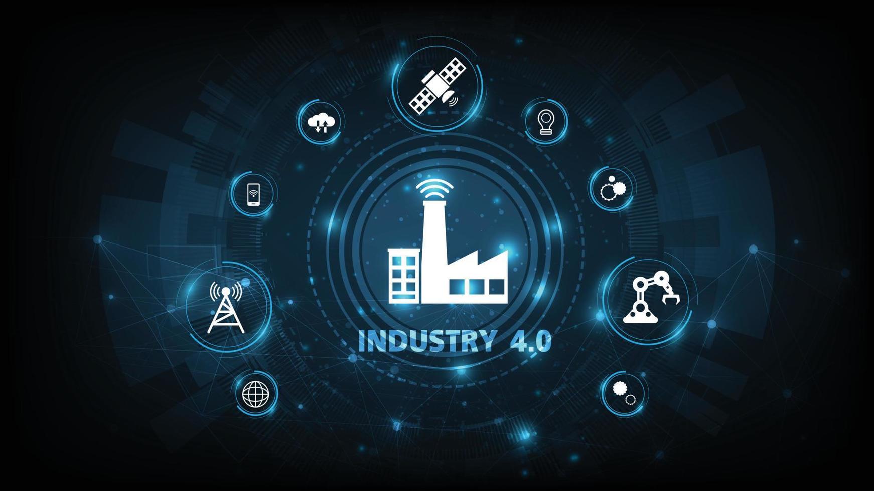 revolução industrial 4.0. holograma de ficção científica e números 3D com ícones conceituais. robótica de inteligência de conceito da indústria 4.0, ilustrador vetorial de sistemas físicos vetor