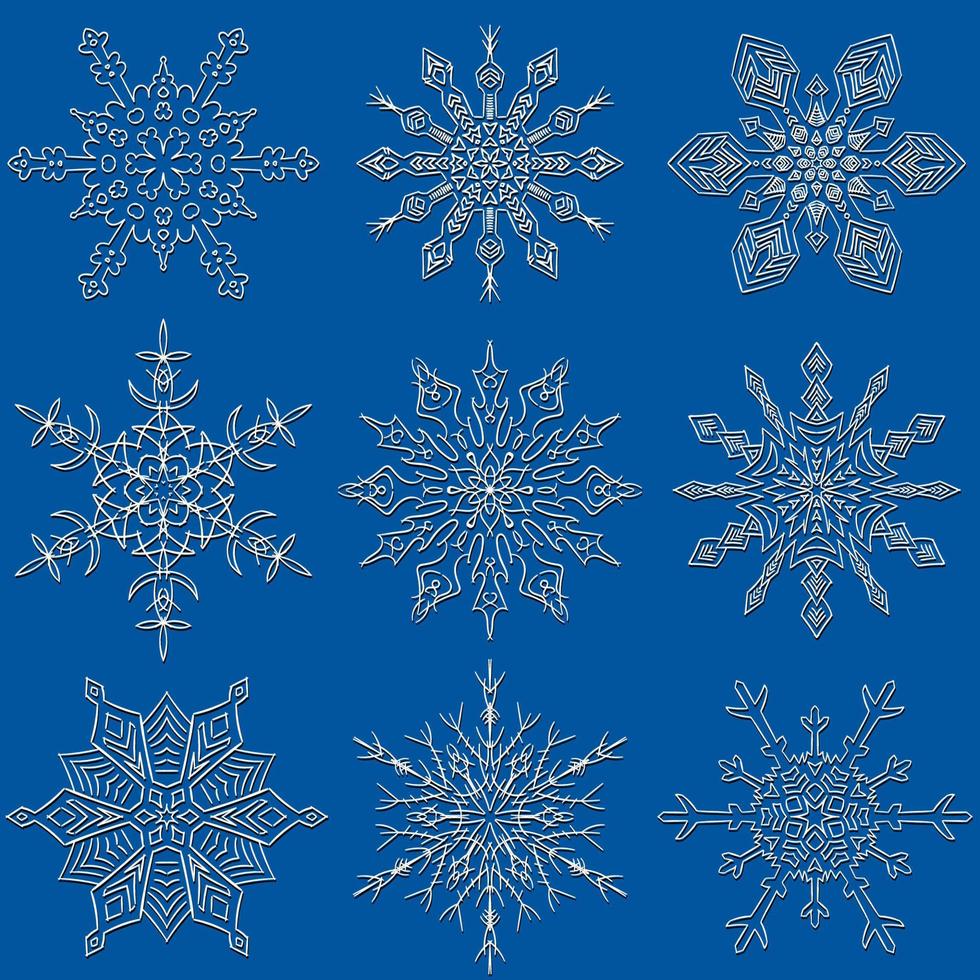 conjunto de nove belas silhuetas desenhadas de floco de neve vetor