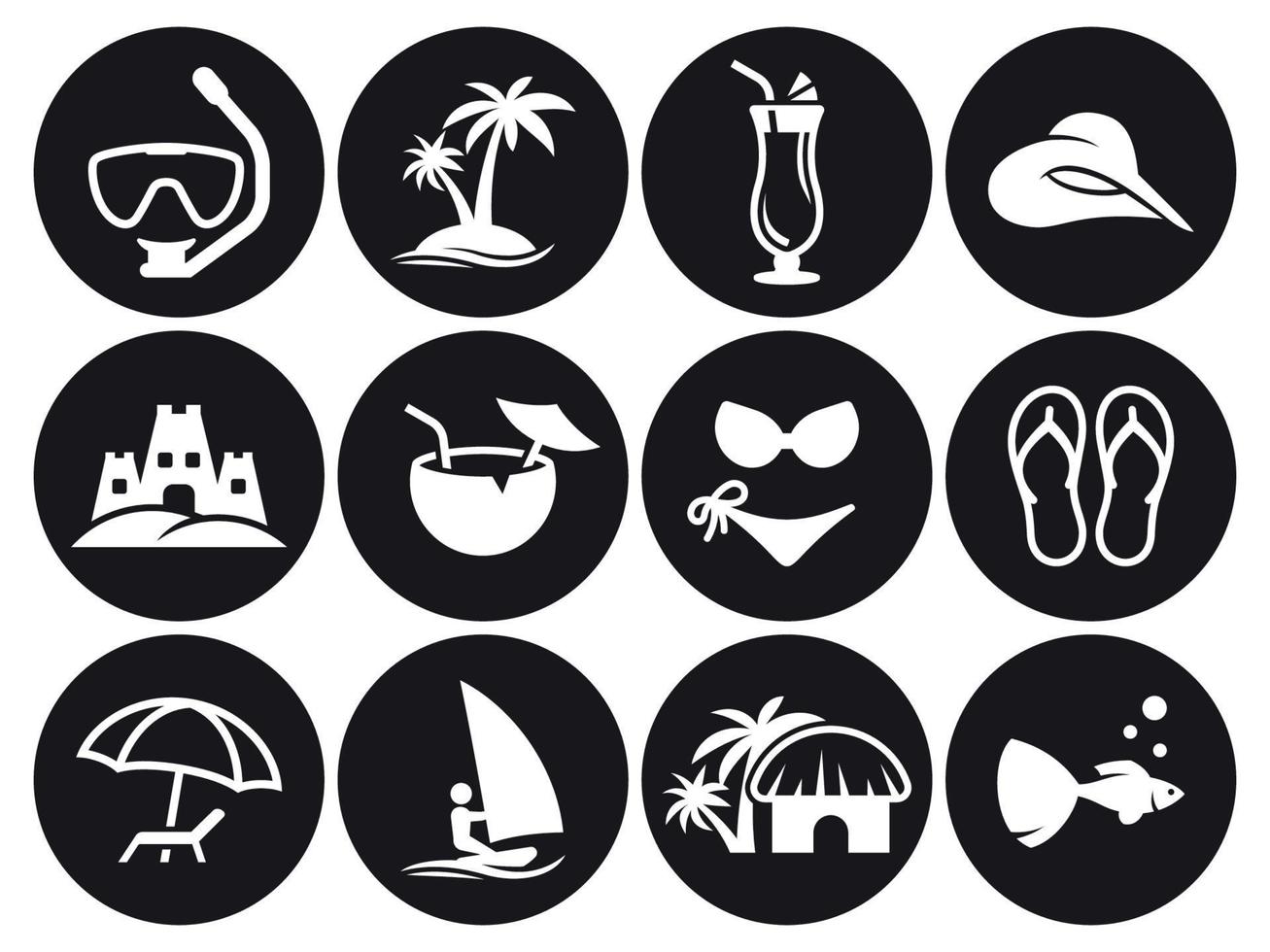 conjunto de ícones de praia de verão, branco sobre um fundo preto vetor